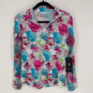 IBKUL LONG SLEEVE 1/4 ZIP MOCK NECK PADDY HOT PINK FLORAL SHIRT SMALL NWT